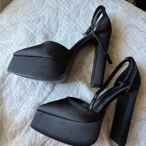 PrettyLittleThing Black Satin Platform Heels wide
